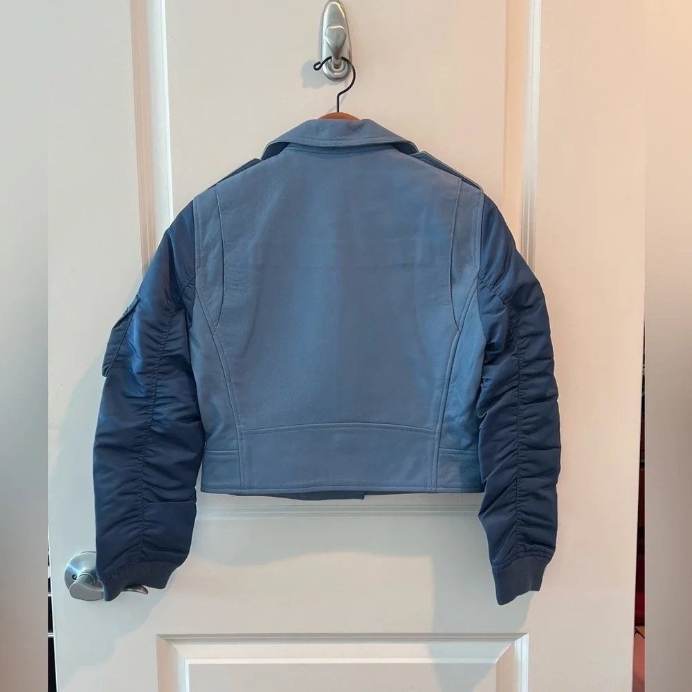 SANDRO Blue Ruched Shell-Paneled Sleeves Leather Goat Biker Jacket - Picture 7 of 16